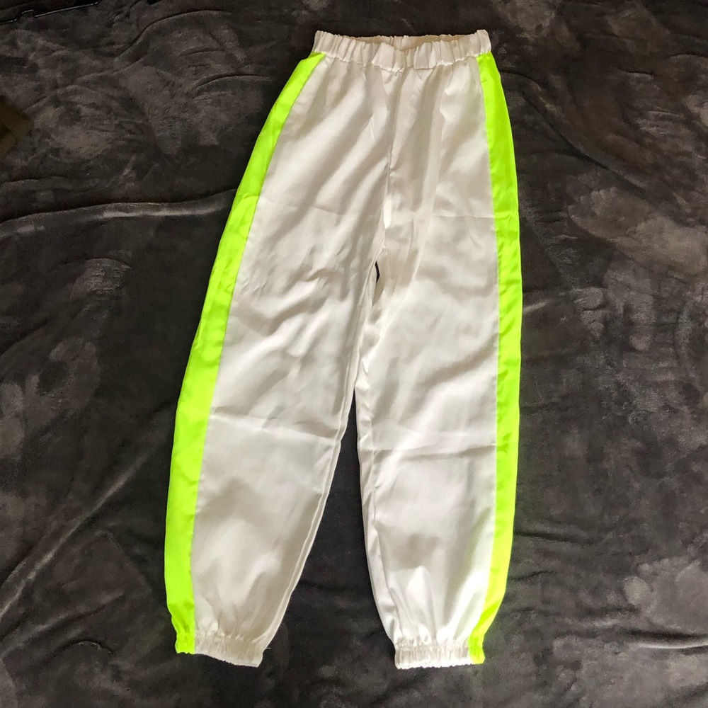 White and neon green sweatpants